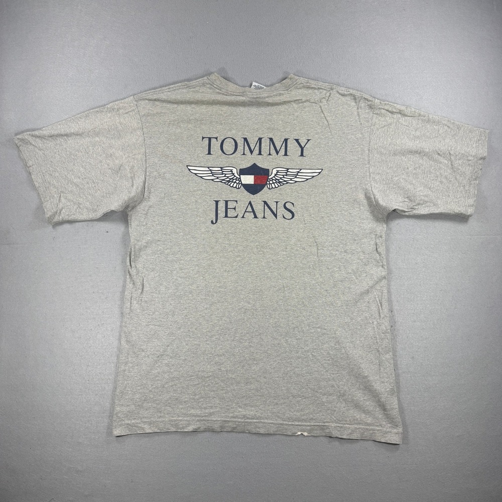 Vintage 90s Tommy Jeans T-Shirt Mens XXL Gray Wings Crest Graphic Crew Neck USA